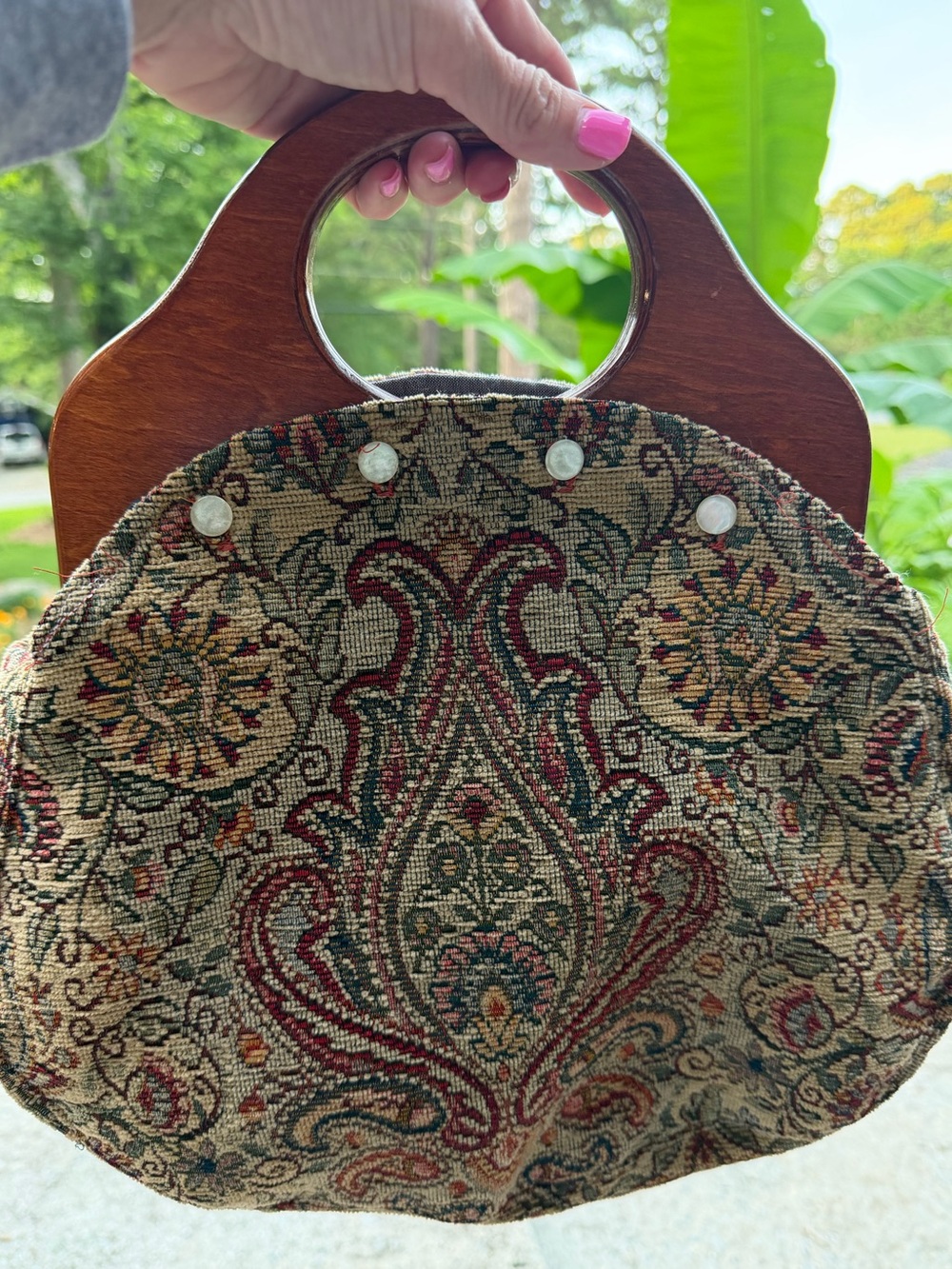 Vintage Handmade Wooden Handle Tapestry Purse Interchangeable Cover Boho Bag
